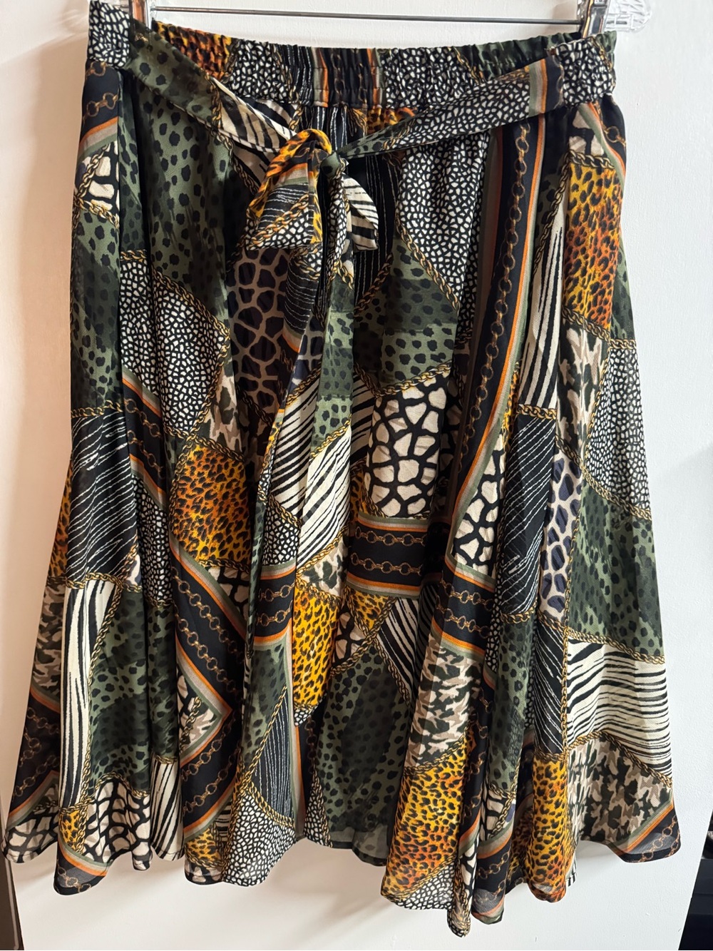 Mixed Animal-Print Midi Skirt in Olive & Mustard
